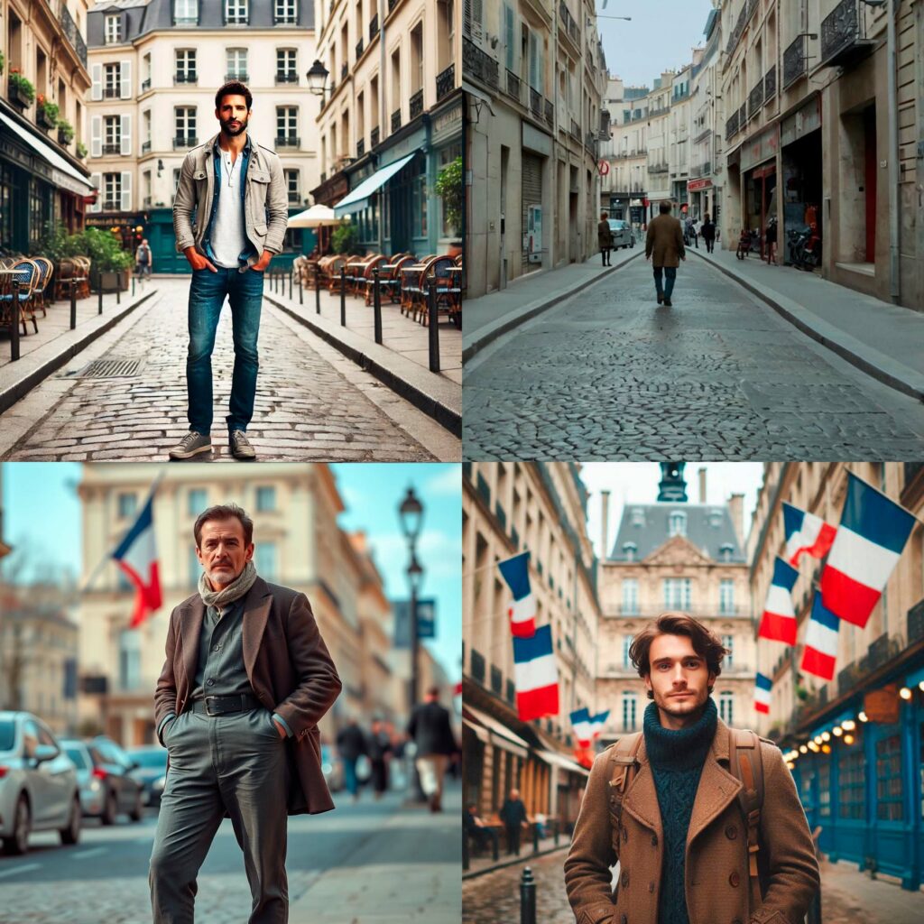 un homme de nationalité française debout, de plein pied, dans une rue 